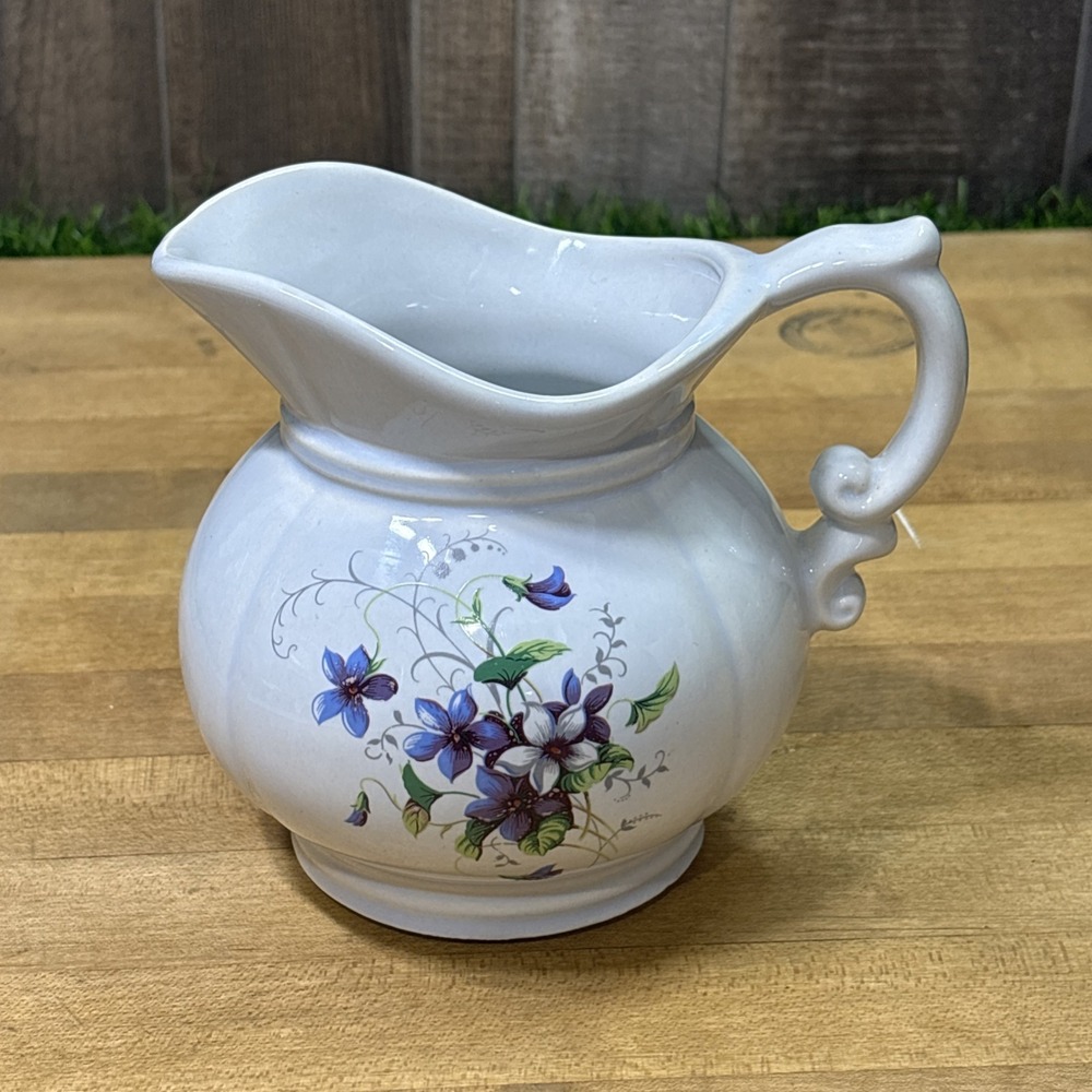 Vintage McCoy Pottery White Ceramic Pitcher Purple Violet Floral Transferware